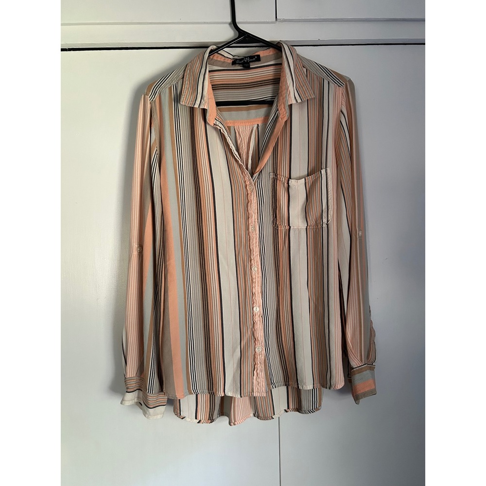 Velvet Heart Striped Button Down Shirt Orange Peach Tan Rayon Roll Tab Sleeve L